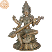 Goddess Saraswati Seated on Double Lotus Base Panchaloha Bronze